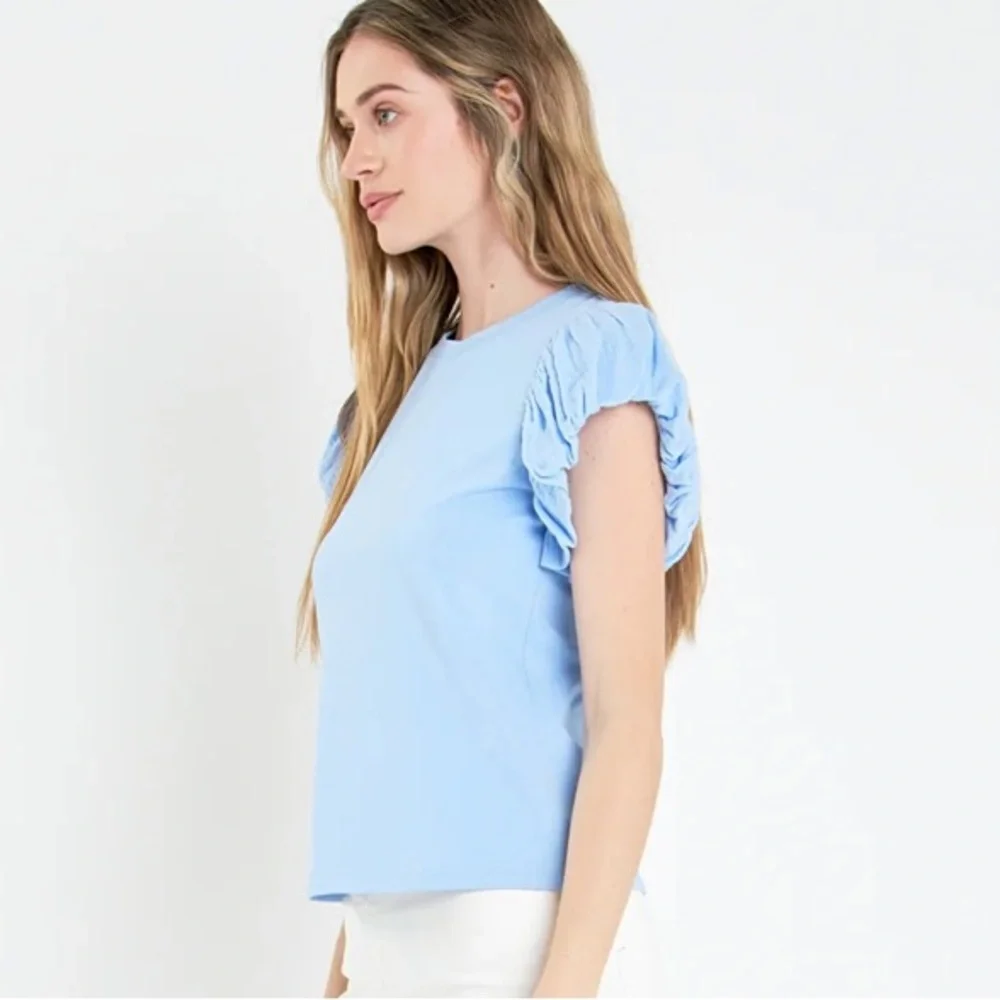English Factory MIXED MEDIA T-SHIRT Size XS Powder Blue NWT - Picture 6 of 10